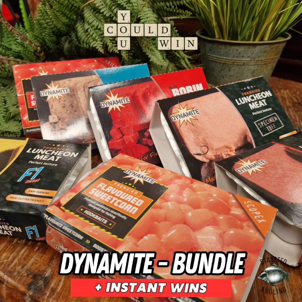 Assorted pack of seven Dynamite Baits products including luncheon meats and sweet corn hook baits, each in 200g packs, displayed together.